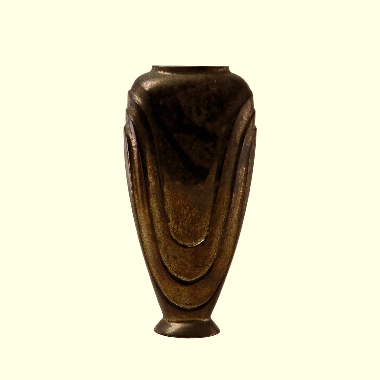 A polished brass Art Deco vase with a sleek, geometric silhouette and clean lines, displayed against a neutral background.