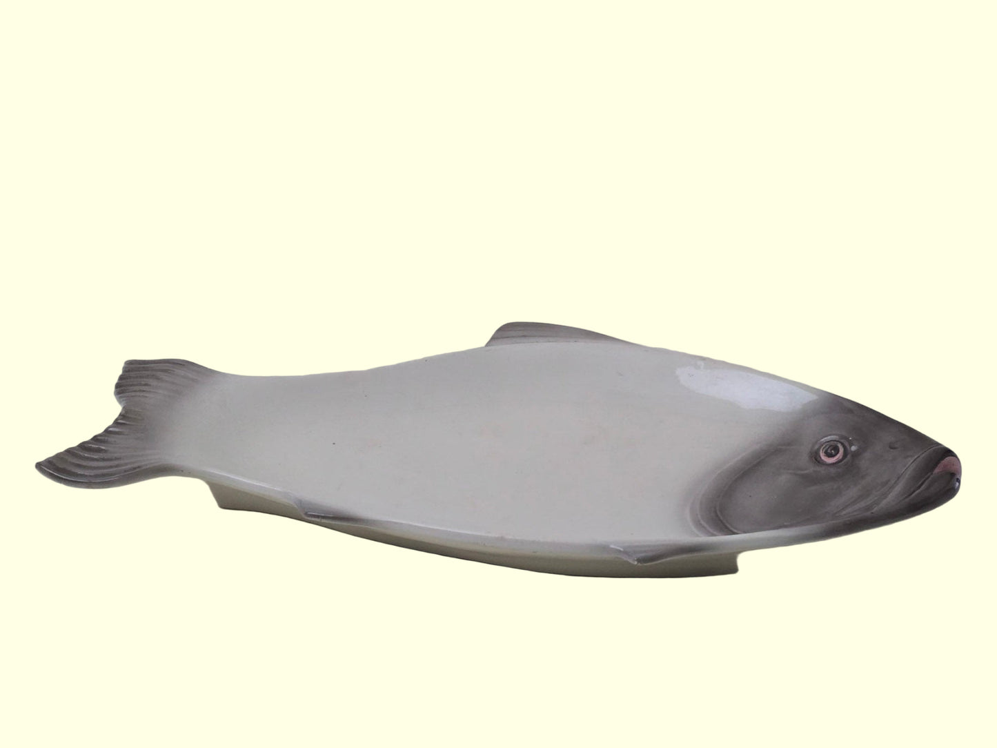 Fish-shaped ceramic plate on a plain background