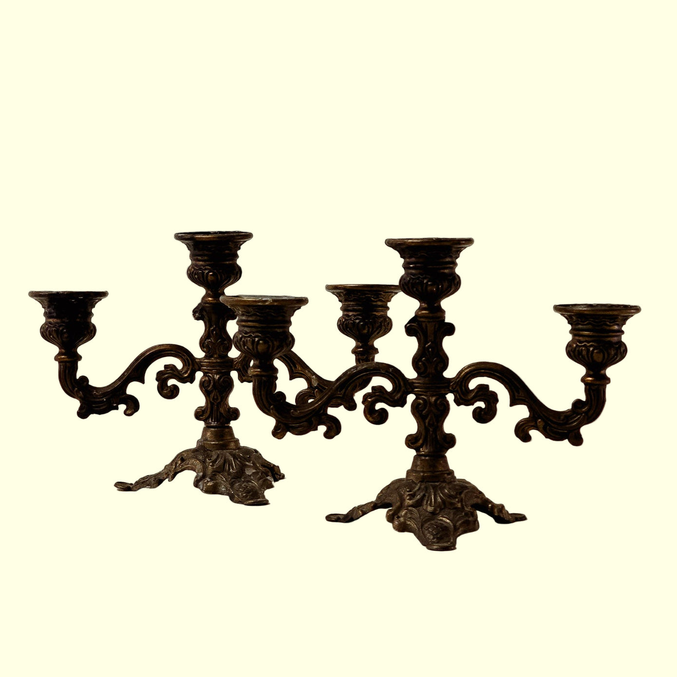 Vintage Set of Two Ornate Three Arm Candelabras
