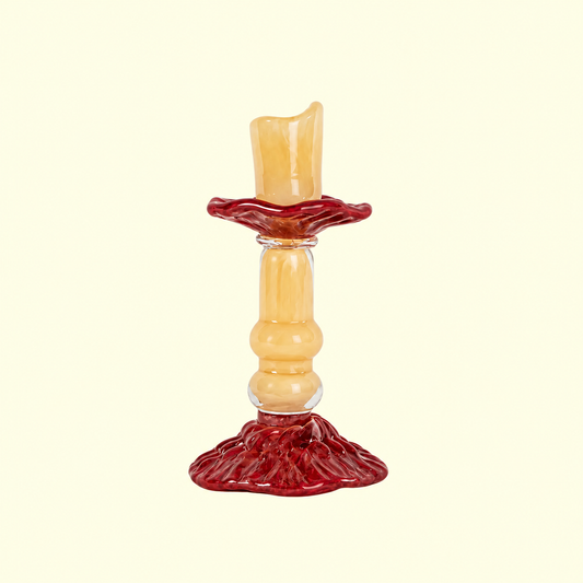 Lara Small Glass Candlestick — Beige & Bordeaux