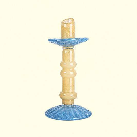 Lara Medium Glass Candlestick — Light Beige & Light Blue
