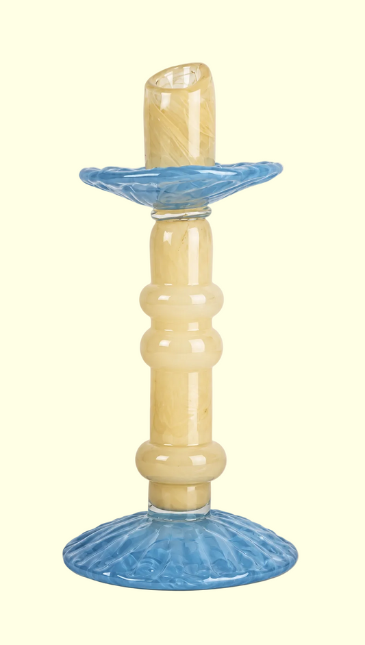 Lara Medium Glass Candlestick — Light Beige & Light Blue