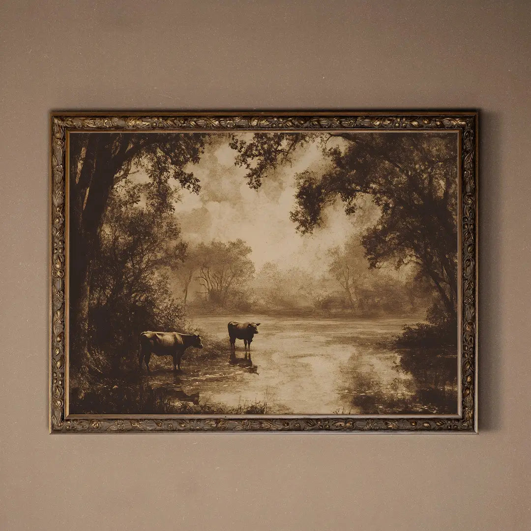 Framed artwork in vintage frame of landscape scene