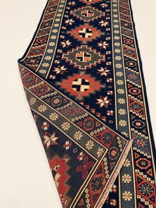 Vintage Geometric Runner Rug in Navy & Terracotta  2.9 x 7.3 ft,