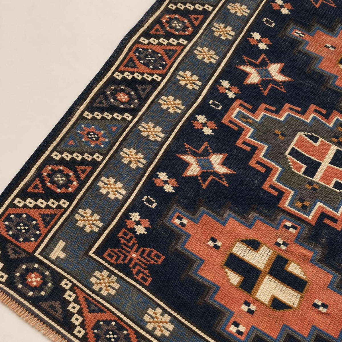 Vintage Geometric Runner Rug in Navy & Terracotta  2.9 x 7.3 ft,