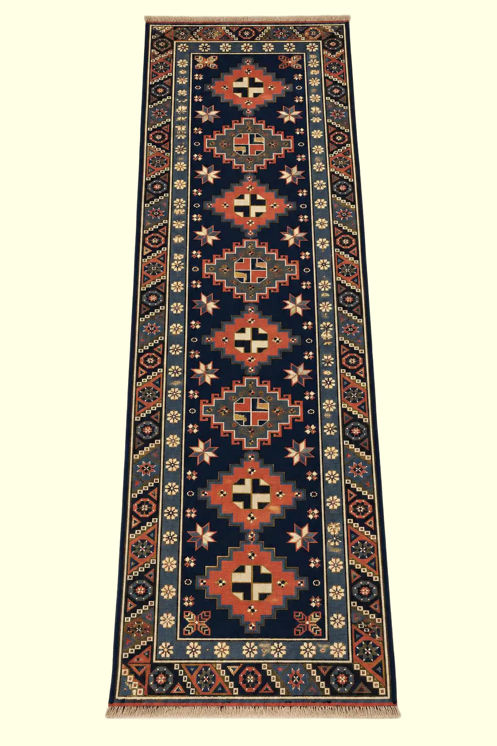 A long rectangular runner rug with a dark navy blue center field, featuring repeating diamond medallions and geometric motifs in red, beige, cream, and black, bordered by ornate floral and geometric patterns.