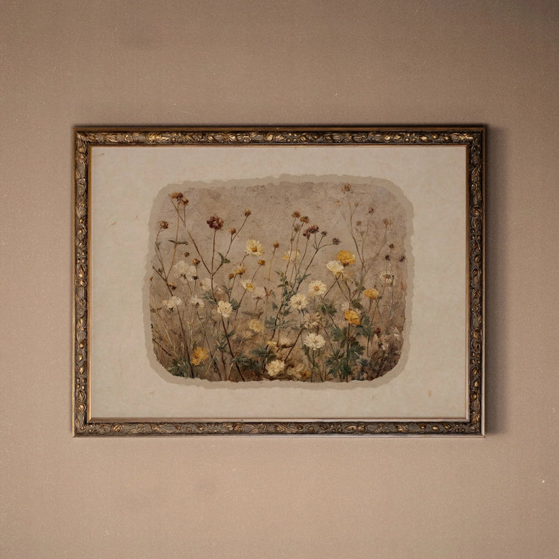 Framed artwork of vintage flowers in a vintage frame